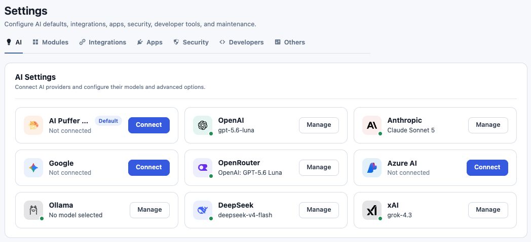 AI Puffer Settings with the Cloud Connect button and other AI providers